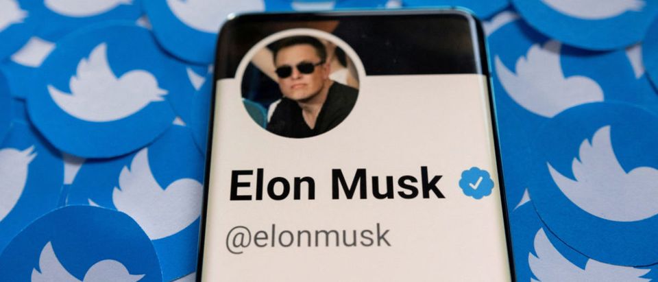 FILE PHOTO: Illustration shows Elon Musk's Twitter profile on smartphone and printed Twitter logos