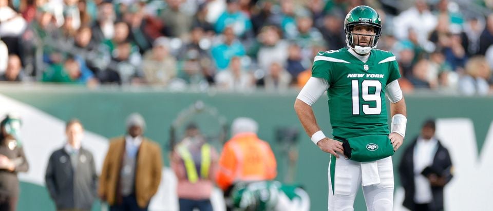 EAST RUTHERFORD, NJ - AUGUST 22: New York Jets quarterback Joe Flacco (19)  is pictured prior to the National Football League preseason game between  the Atlanta Falcons and the New York Jets