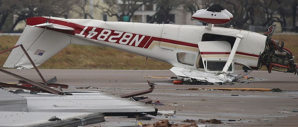 ROCKPORT, TX - AUGUST 26: An airplane is seen flipped on its roof at the Aransas County Airport after Hurricane Harvey passed through on August 26, 2017 in Rockport, Texas. Harvey made landfall shortly after 11 p.m. Friday, just north of Port Aransas as a Category 4 storm and is being reported as the strongest hurricane to hit the United States since Wilma in 2005. Forecasts call for as much as 30 inches of rain to fall in the next few days (Photo by Joe Raedle/Getty Images)