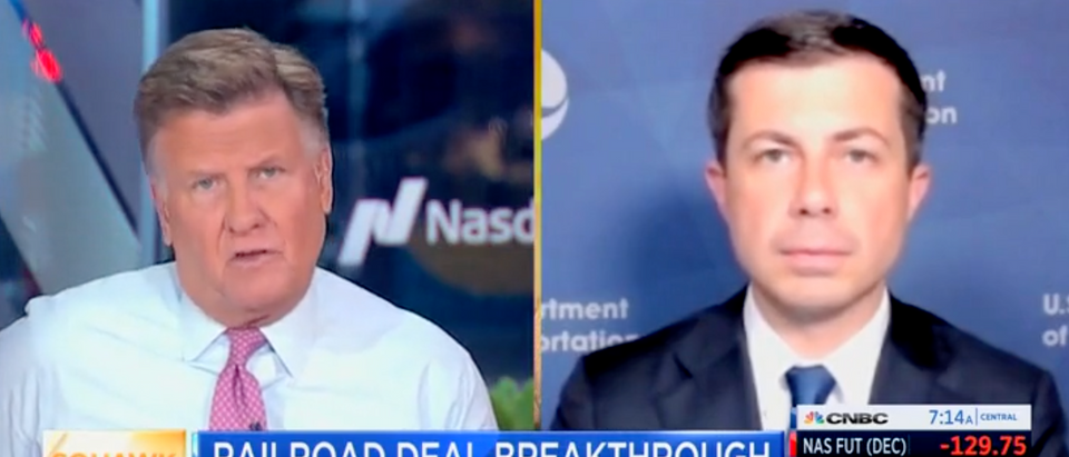 CNBC's Joe Kernen called out Transportation Sec. Pete Buttigieg Friday morning on the White House's "tone-deaf" inflation celebration that took place as the stock market was down after a "really horrific inflation report." [Screenshot/AirTV/CNBC]