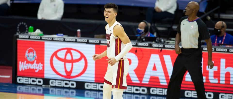 PHILADELPHIA, PA - JANUARY 12: Tyler Herro #14 of the Miami Heat reacts against the Philadelphia 76ers in the fourth quarter of their game at the Wells Fargo Center on January 12, 2021 in Philadelphia, Pennsylvania. The 76ers defeated the Heat 137-134. NOTE TO USER: User expressly acknowledges and agrees that, by downloading and or using this photograph, User is consenting to the terms and conditions of the Getty Images License Agreement. (Photo by Mitchell Leff/Getty Images)