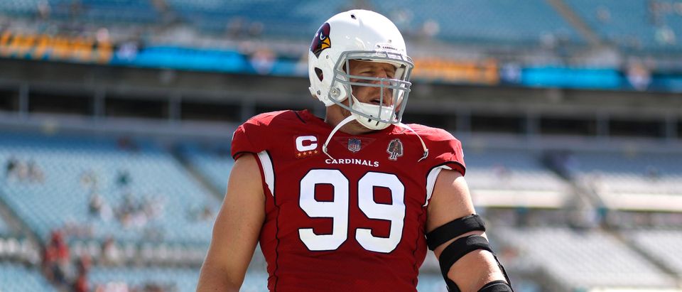 JACKSONVILLE, FLORIDA - SEPTEMBER 26: J.J. Watt #99 of the Arizona Cardinals before the game against the Jacksonville Jaguars at TIAA Bank Field on September 26, 2021 in Jacksonville, Florida. (Photo by Michael Reaves/Getty Images)