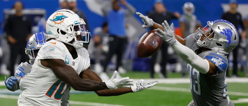 JuJu Hughes #33 of the Detroit Lions breaks up a pass intended for Tyreek Hill #10 of the Miami Dolphins during the second quarter at Ford Field on October 30, 2022 in Detroit, Michigan. (Photo by Leon Halip/Getty Images)