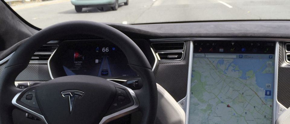 FILE PHOTO: The interior of a Tesla Model S is shown in autopilot mode in San Francisco