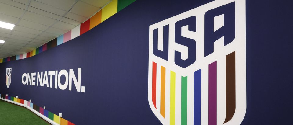Rainbows colors seen in the United States national team's badge in support of LGBT people pictured in a room used for briefings (REUTERS/Carl Recine)