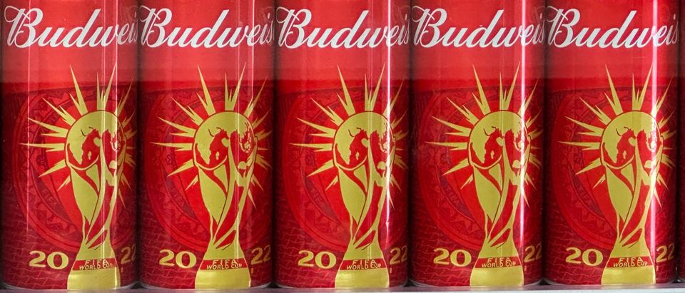 Cans of Budweiser beer featuring the FIFA World Cup logo are displayed in Doha on November 18, 2022 ahead of the Qatar 2022 World Cup football tournament. - The sale of alcohol in Qatar is strictly regulated. (Photo by PATRICK T. FALLON/AFP via Getty Images)