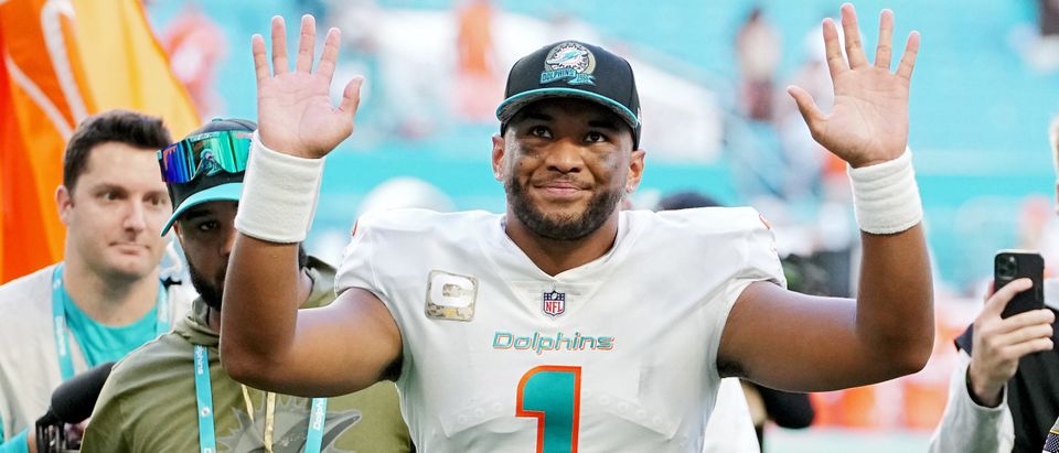 Tua Tagovailoa #1 of the Miami Dolphins reacts after defeating the Cleveland Browns 39-17 at Hard Rock Stadium on November 13, 2022 in Miami Gardens, Florida. (Photo by Eric Espada/Getty Images)