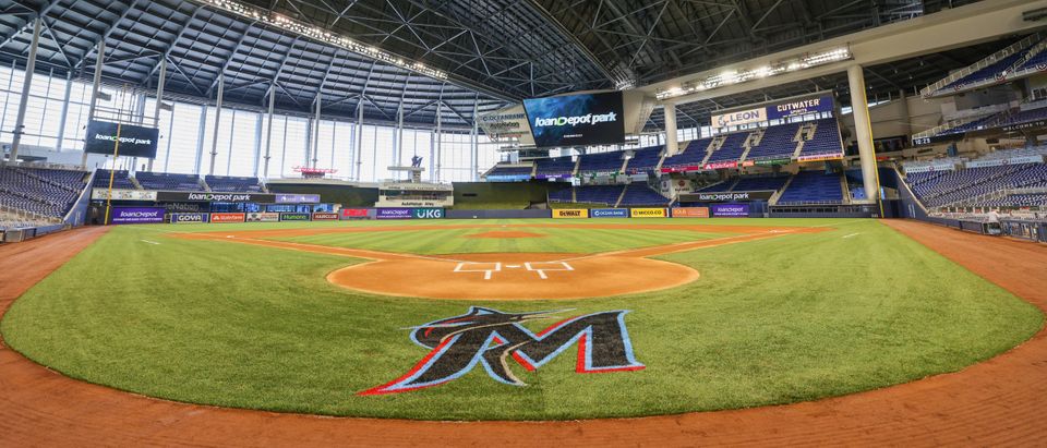 A general view of the loanDepot logo on the scoreboards during a press conference to the media to announce loanDepot as the exclusive naming rights partner for loanDepot park, formerly known as Marlins Park on March 31, 2021 in Miami, Florida. (Photo by Mark Brown/Getty Images)