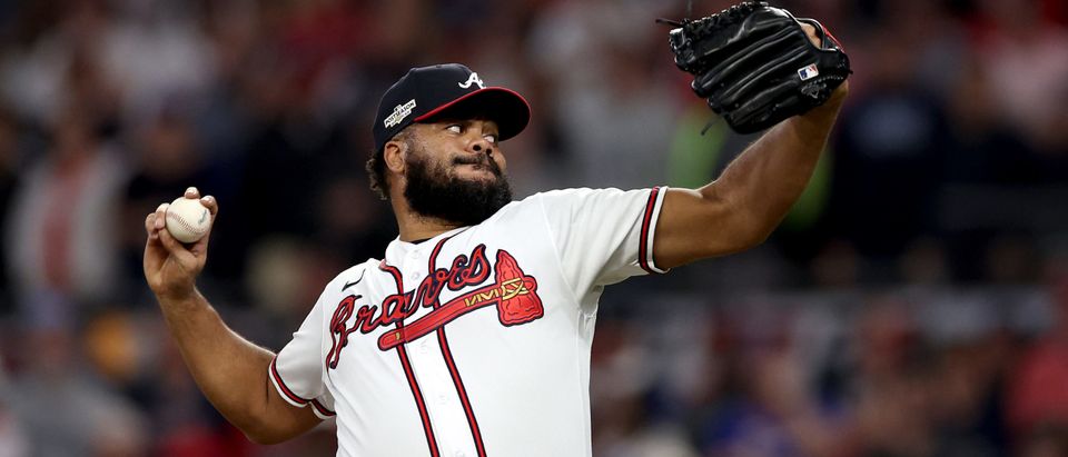 Kenley Jansen #74 of the Atlanta Braves delivers a pitch against the Philadelphia Phillies during the ninth inning in game two of the National League Division Series at Truist Park on October 12, 2022 in Atlanta, Georgia. (Photo by Patrick Smith/Getty Images)