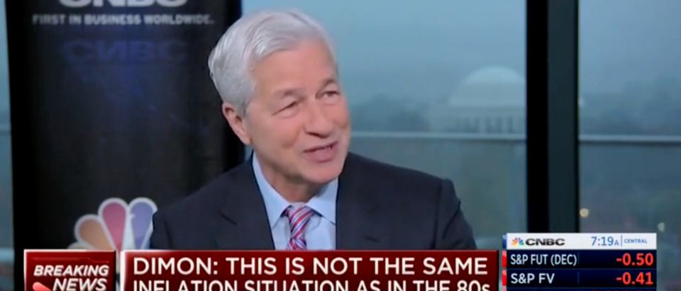 JPMorgan Chase CEO Jamie Dimon refused to say Tuesday whether the U.S. would be headed toward a recession in 2023, saying his handlers told him to avoid answering this type of question. [Screenshot CNBC]