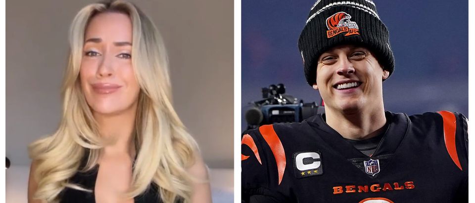 Paige Spiranac issues a warning that stemmed from last year's Super Bowl: It's Joe Burrow season, and he's out to steal your girlfriend. [Twitter/Screenshot/Public — User: @PointsBetUSA] (Photo by Dylan Buell/Getty Images)