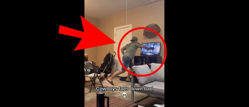 A Dallas Cowboys fan hilariously punched and destroyed his television after they were eliminated from the playoffs against the San Francisco 49ers. [Twitter/Screenshot/Public — User: @barstoolsports]