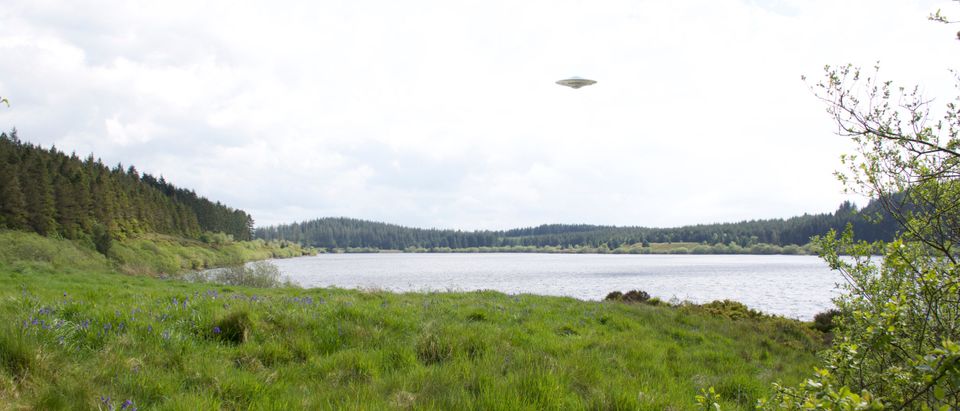 Flying,Saucer,Ufo,Over,Lake,In,Summer,Surrounded,By,Green
