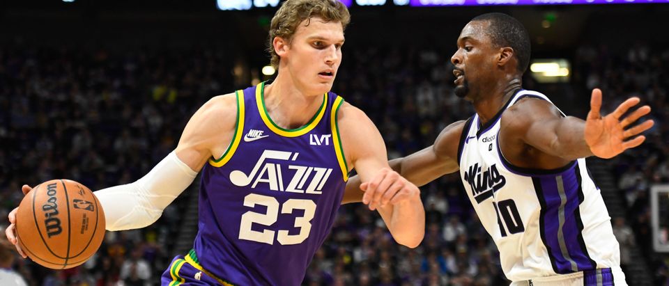 Harrison Barnes #40 of the Sacramento Kings defends Lauri Markkanen #23 of the Utah Jazz during the first half of a game at Delta Center on October 25, 2023 in Salt Lake City, Utah. (Photo by Alex Goodlett/Getty Images)