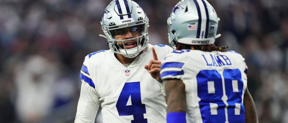 ARLINGTON, TX - DECEMBER 24: Dak Prescott #4 of the Dallas Cowboys celebrates the touchdown with CeeDee Lamb #88 against the Philadelphia Eagles at AT&T Stadium on December 24, 2022 in Arlington, Texas. (Photo by Cooper Neill/Getty Images)